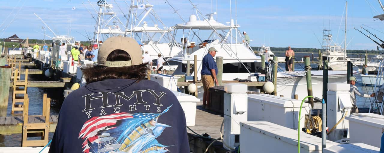 a look out at the docks with a viewer in an hmy yachts shirt