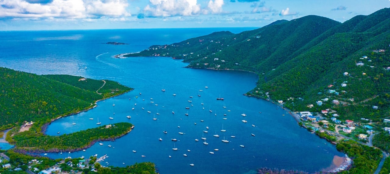 Vibrant coral reef beneath crystal-clear Caribbean waters off the coast of the US Virgin Islands