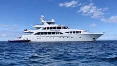 TANZANITE brings big-yacht vibes with incredible space for her size, making her a standout for unforgettable charters. Previously ex: FIGHTING IRISH she sleeps 10 guests in total comfort, with a full-beam master suite on the main deck and four king cabins below—two of which can easily convert to twins for added flexibility. Every cabin comes with its own Jacuzzi bath, giving each guest their own little slice of luxury. A dedicated crew of nine keeps everything running smoothly. The beach club is the perfect hideaway for morning dips or lazy afternoons by the water. Up top, you’ll find a large hot tub and four bars, setting the scene for everything from sunset cocktails to full-on celebrations. And thanks to a three-metre sundeck extension during her refit, TANZANITE now boasts an impressively spacious deck—made for lounging, entertaining, and soaking up those endless ocean views.