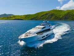 Delivered in late December 2023 this stunning brand new Sunseeker provides all the amenities one could wish for. Her well though out design makes the most of the space onboard. Her on deck master stateroom features large windows for plenty of light, leading down to a large dressing area and then down to the bright and spacious master bathroom. Features include a large walk in Shower with bench seating, rain shower, vanity with dual sinks and an enclosed WC. Below deck her four guest staterooms are also well appointed with 2 VIP Queens aft and 2 convertible cabins forward which can be set as 2 singles or a Queen in each. All staterooms have plenty of natural light through large windows, ensuite bathrooms include walk in showers with both hand held and rain shower heads. Her main salon and dining areas are neutrally decorated and again offer plenty of natural light with a full sliding glass door to starboard which can open up to a retractable balcony area. Her aft deck leads down to the swim platform. Forward on the bow you'll find an enormous bunny pad as well as a table and seating area. When not in the water you'll likely spend most time on the flybridge which offers a Jacuzzi tub aft a wet bar and large seating area for alfresco dining and sundown cocktails served by your professional crew of 4.