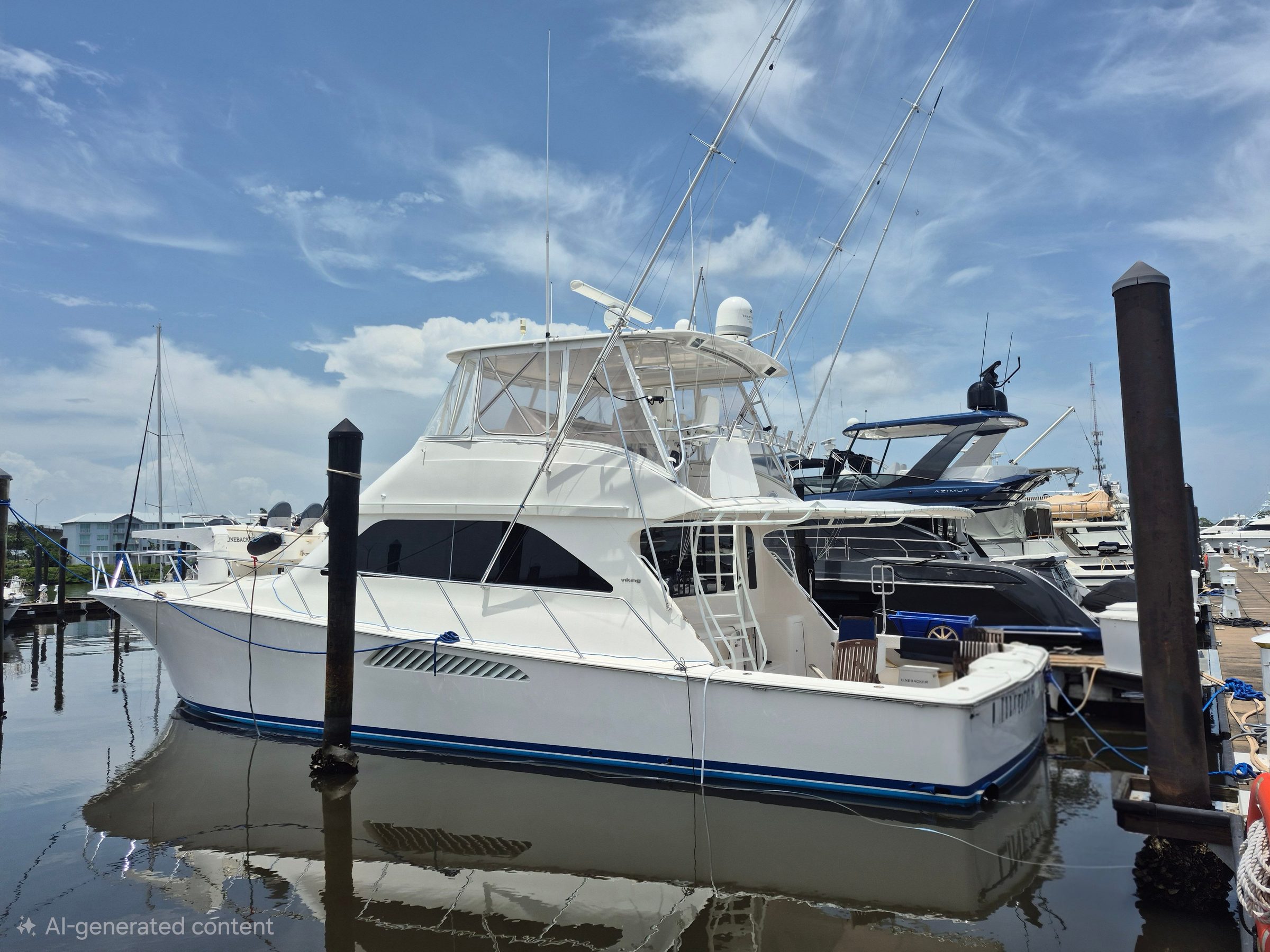 2006 57' 5" Viking 56 Convertible - Convertible sportfishing yacht with flybridge and outriggers docked at a marina slip