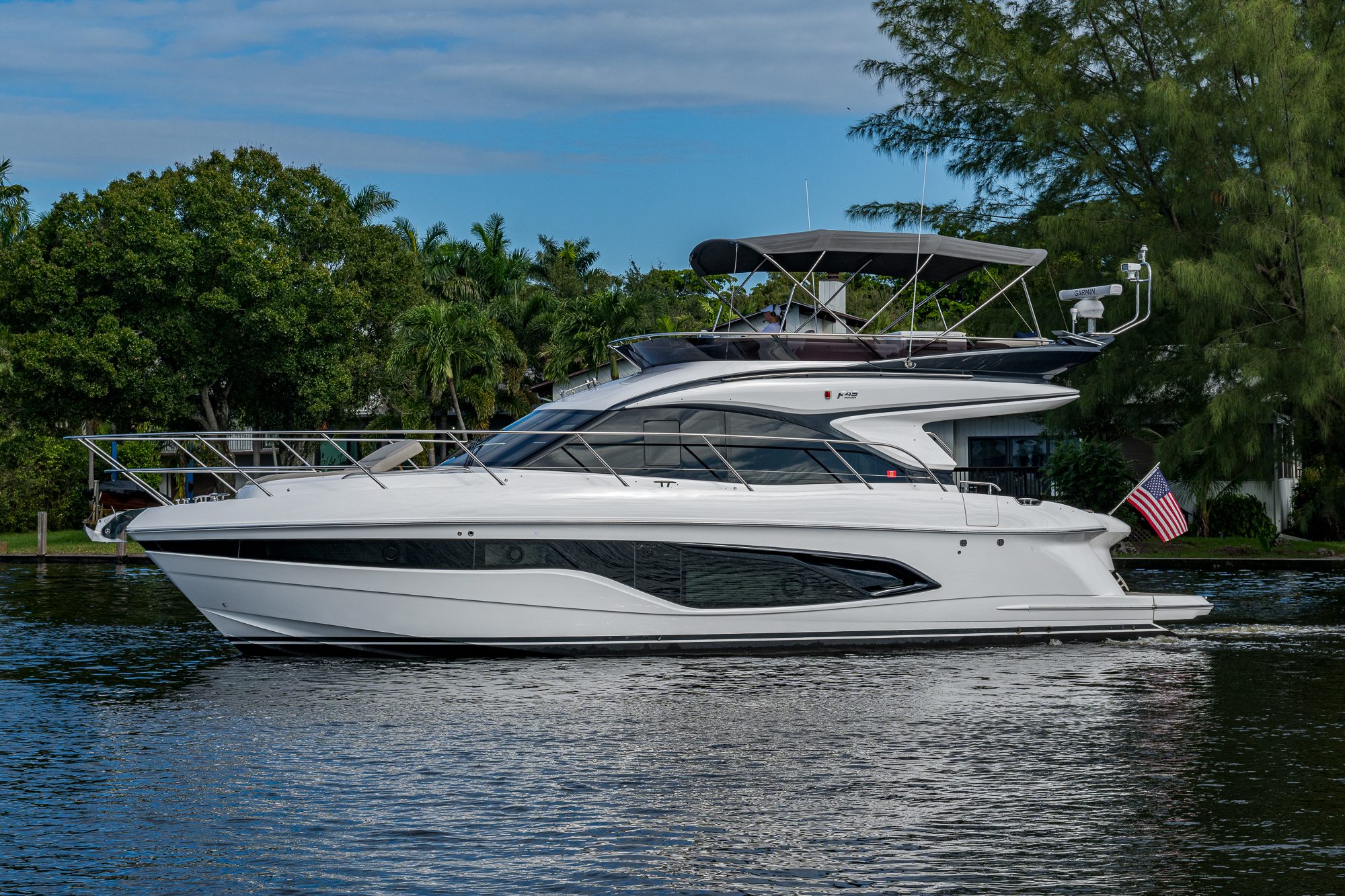 2025 47' 1" Princess F45 - Starboard profile of a white flybridge motor yacht underway on the water