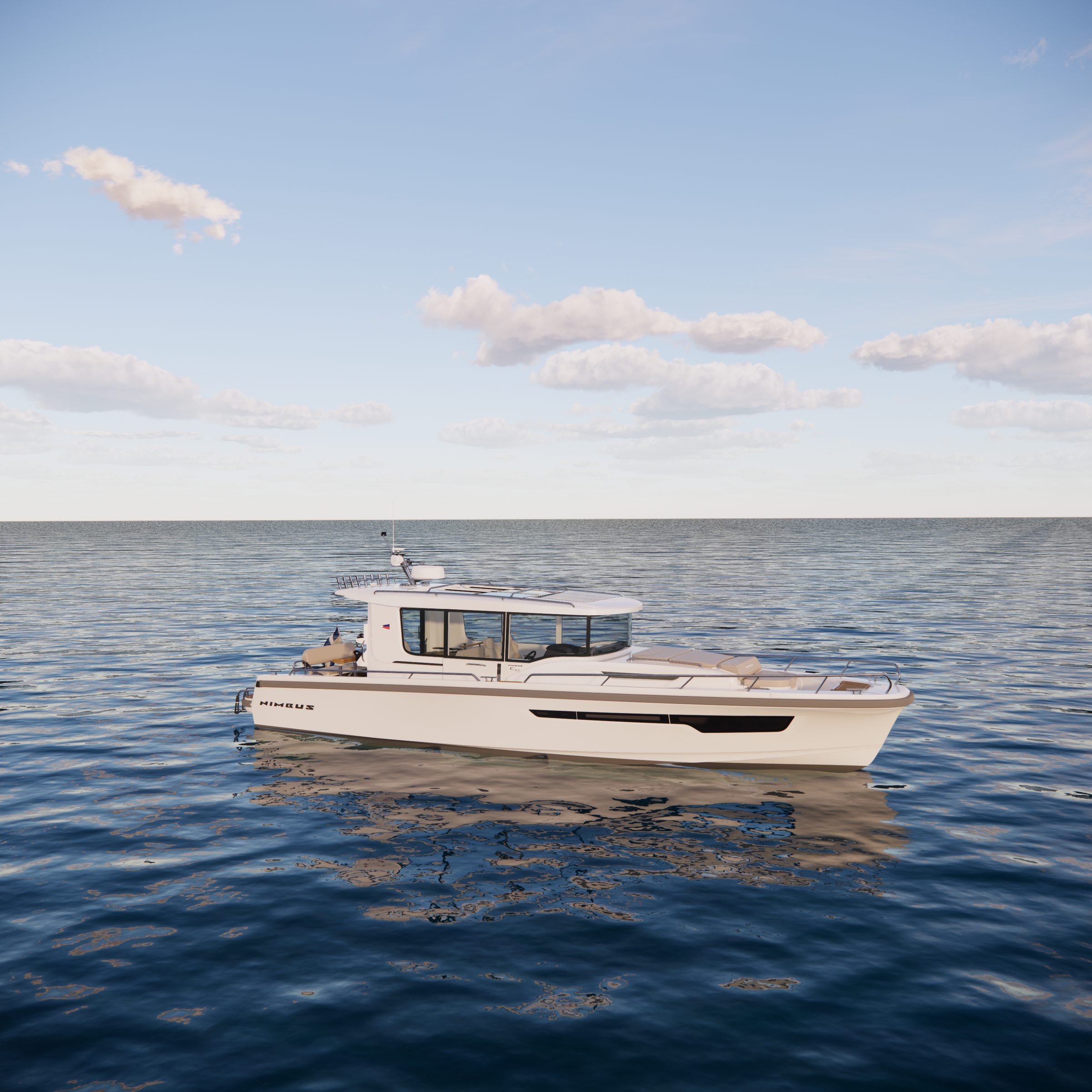 Nimbus Sport Coupe 42 - Starboard profile view of a white motor yacht with enclosed pilothouse on open water