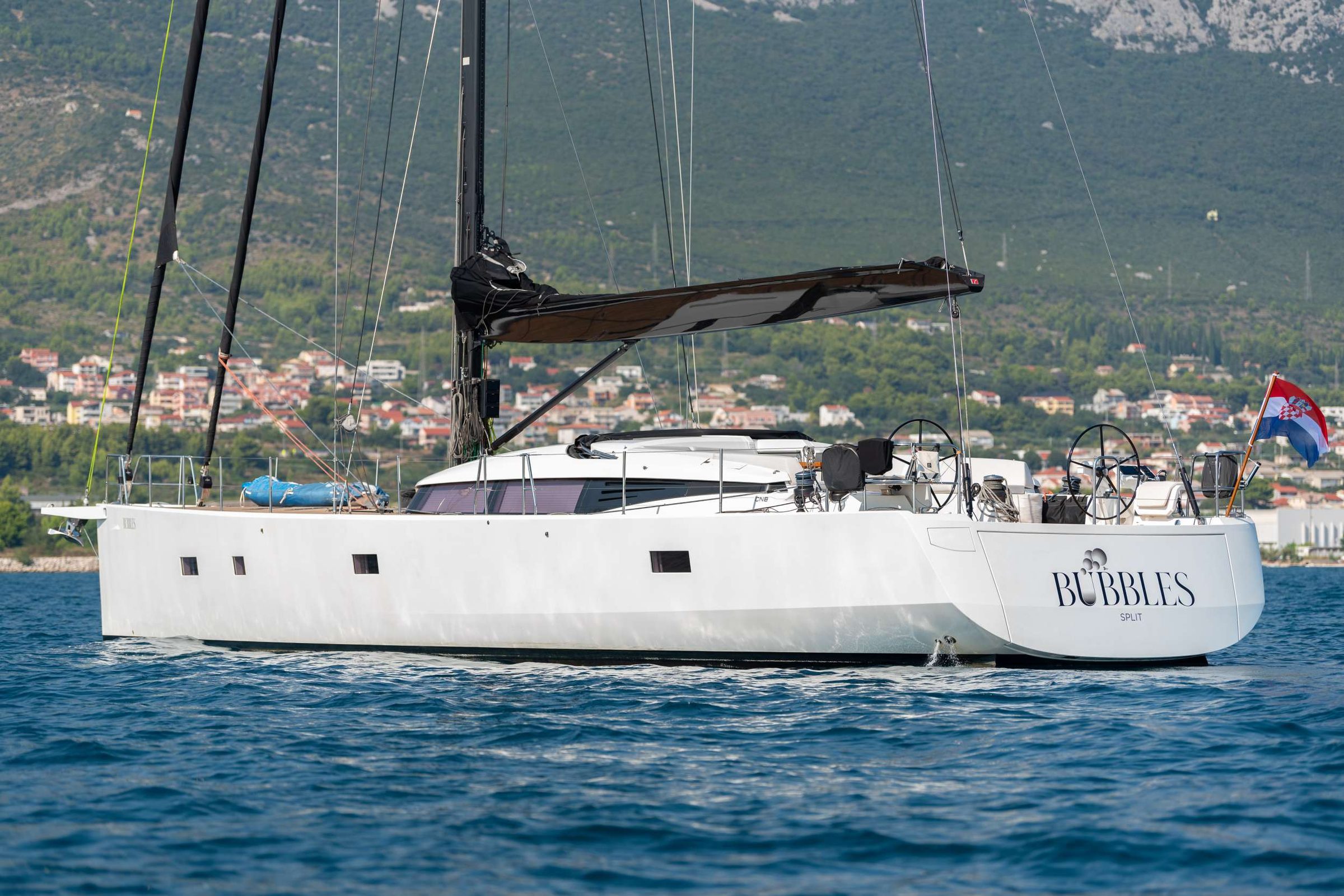 &ldquo;BUBBLES,&rdquo; a luxurious CNB 76 sailing yacht that elevates our charter offerings in Croatia. The CNB Shipyard
was nominated for its CNB 76 as Best Sailing Yacht under 40 meters at the 2017 International Yacht &
Aviation Awards.

Step aboard BUBBLES, a modern CNB 76 sailing yacht, for a luxurious adventure. This impressive
vessel features four spacious cabins, a full-batten mainsail, and berths for up to 7 guests.

KEY FEATURES: 
* 2 crew members included (Captain & Stewardess)
* Preparation of two daily meals by the stewardess: breakfast and either a light lunch or dinner
* Carbon mast and bowsprit
* Sonos sound system throughout the yacht
* Custom interior: fully white, modern interiors
* Advanced sailing Instruments, including Code 0 sail and furling gennaker
* Wine cooler
* Mast, underwater, deck lights
* Starlink Internet
* Water toys: donut, wakeboard, fishing gear, water skis (for adults & children), 2x SUP, snorkeling eq, 2 x towables