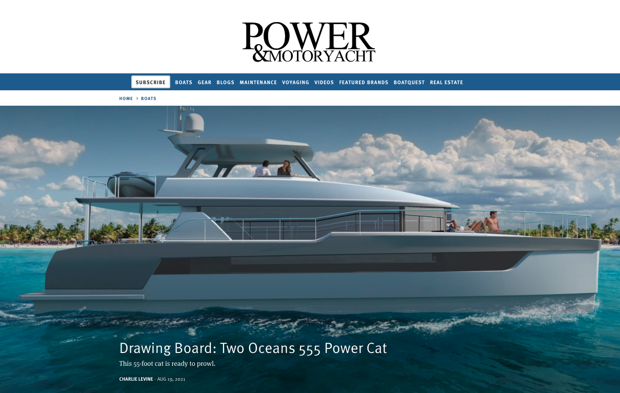 Two Oceans 555 Power Catamaran on the cover of POWER & MOTORYACHT Magazine