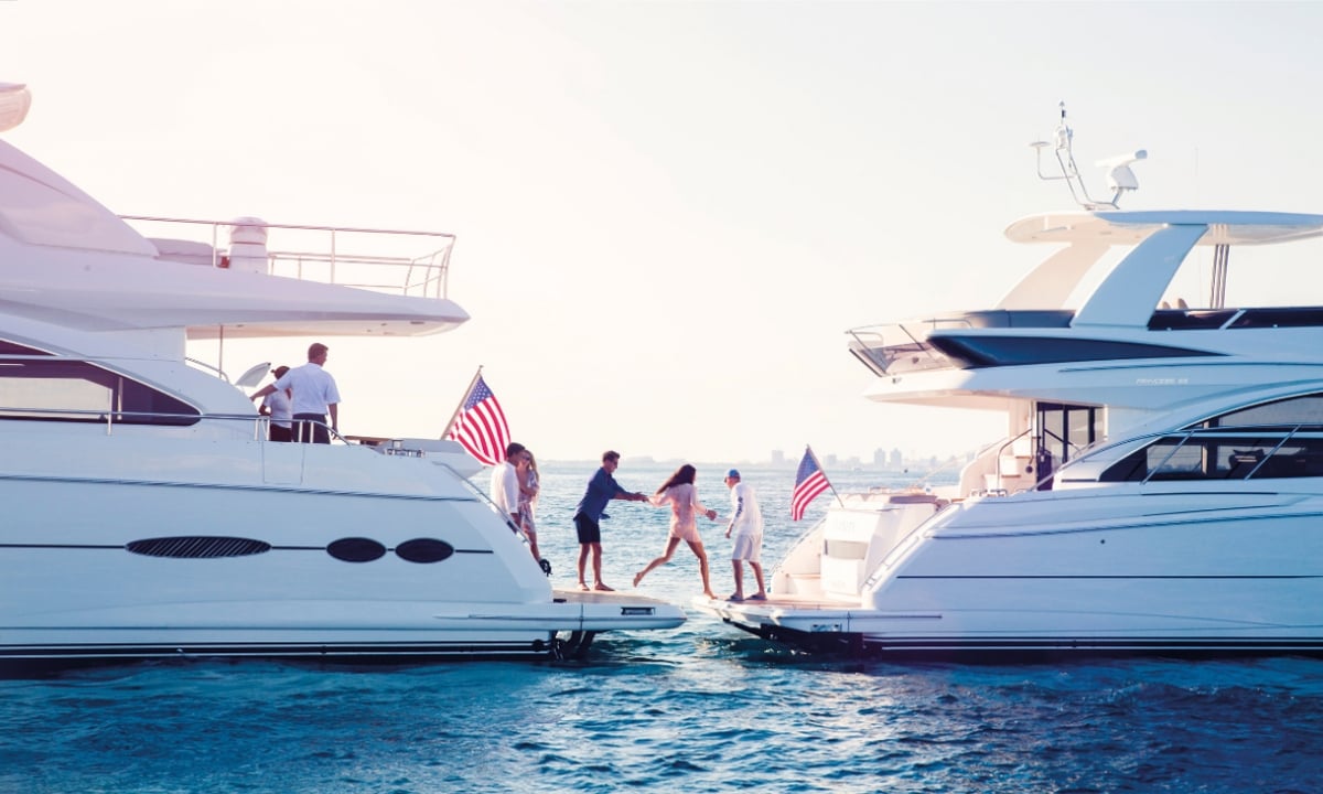 several people on a yacht getting ready to jump onto another yacht