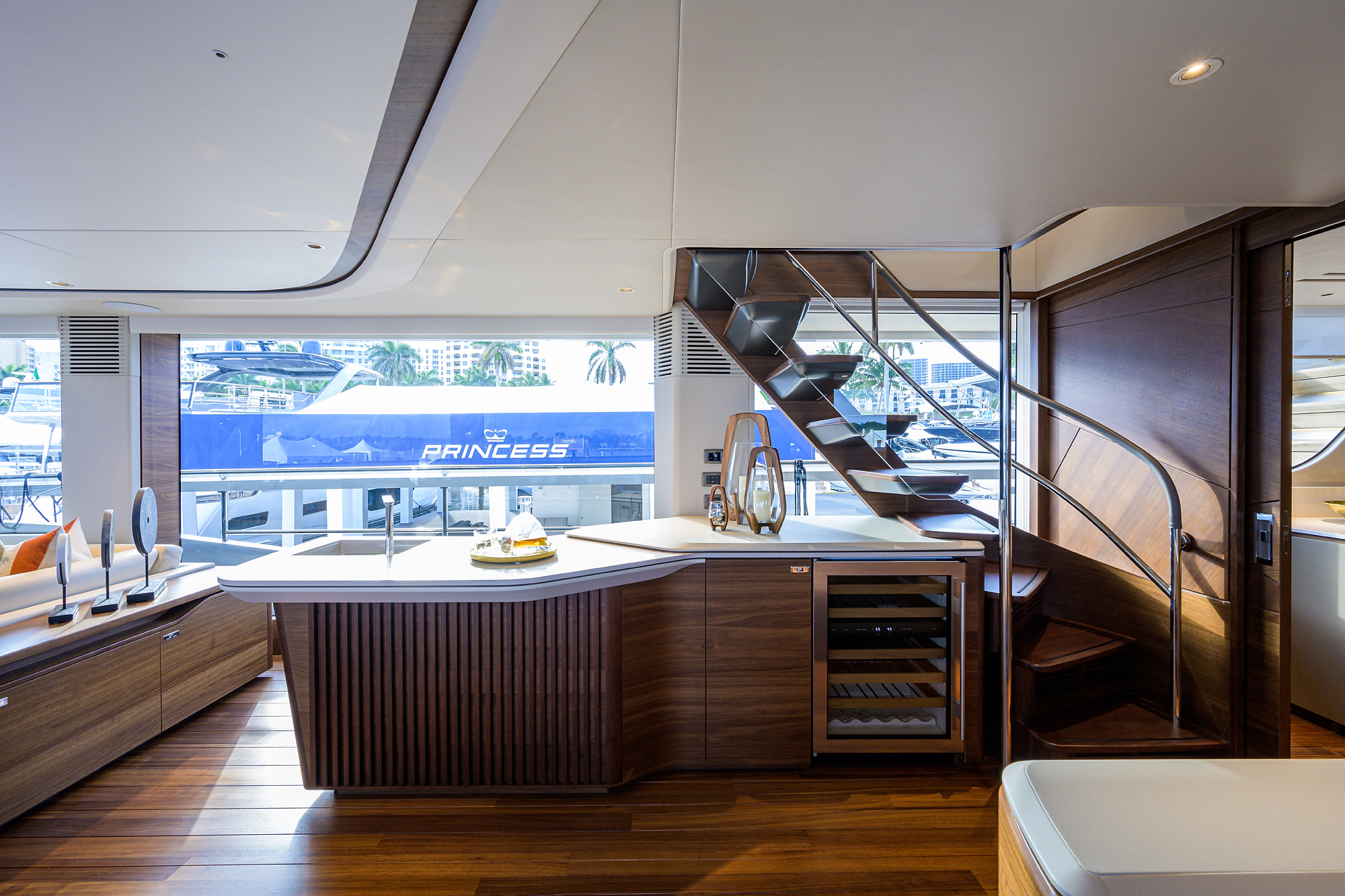 Interior of a Princess Yacht with a small bar and wine cooler. 