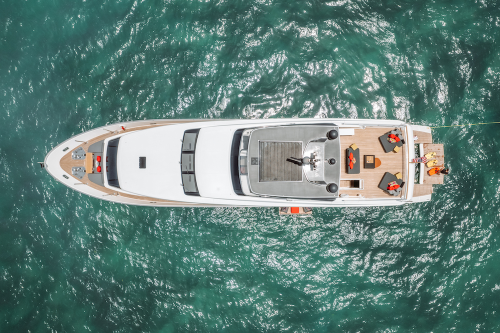 Drone Shot of Fifty Shades Charter Yacht sitting in blue water
