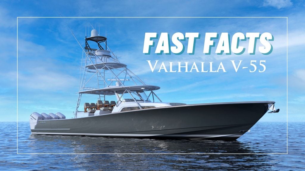 Valhalla Boatworks V-55 boat sitting on the water.