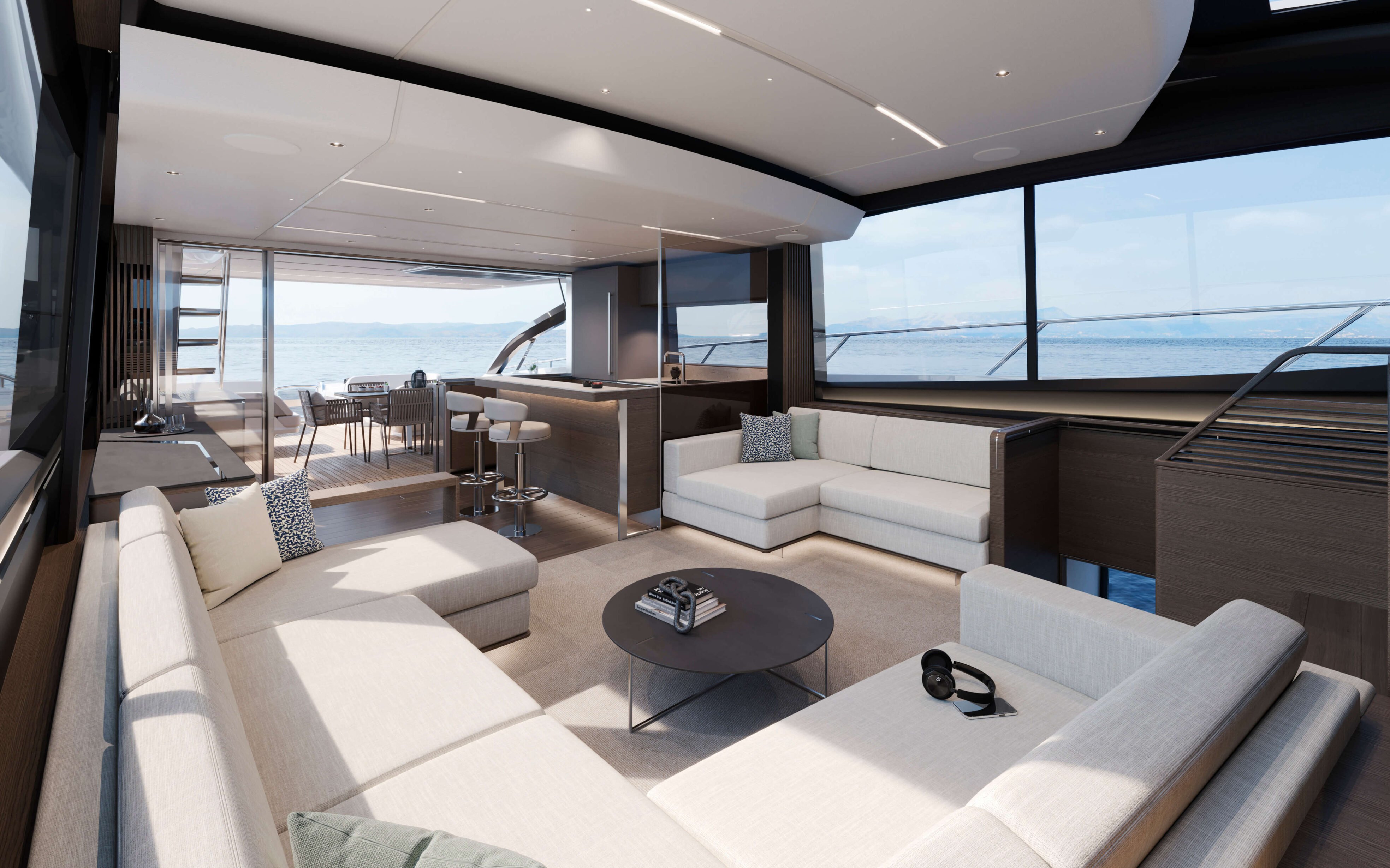 Princess S80 Saloon looking Aft with Silver Oak Finish