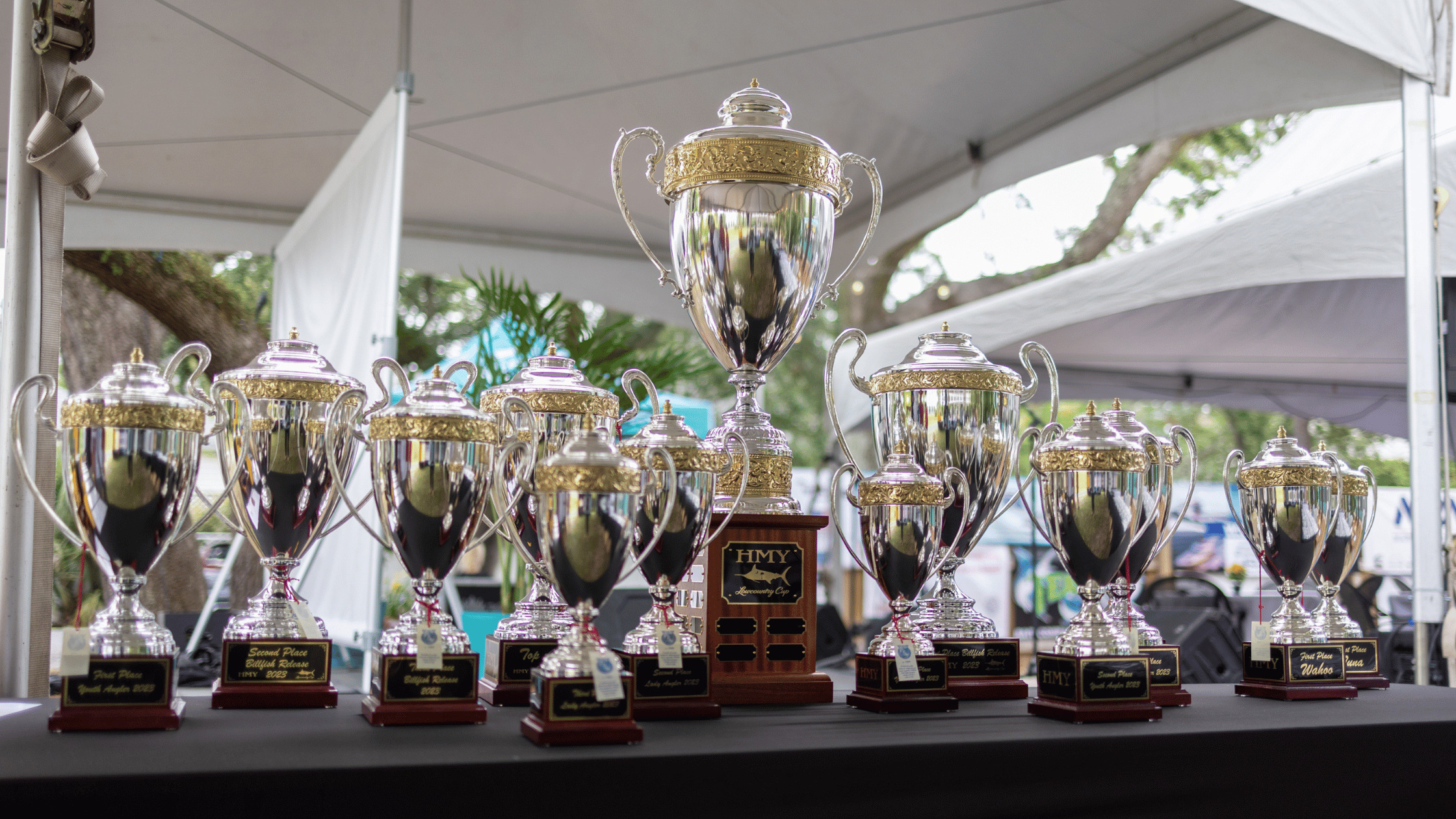 A table with award trophies for the HMY Lowcountry Cup.