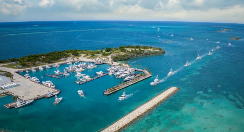 Drone image of boats coming in to Walkers Cay Marina