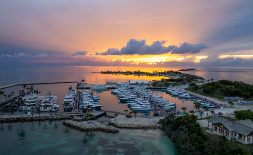 Drone image of Walkers Cay Marina at sunst