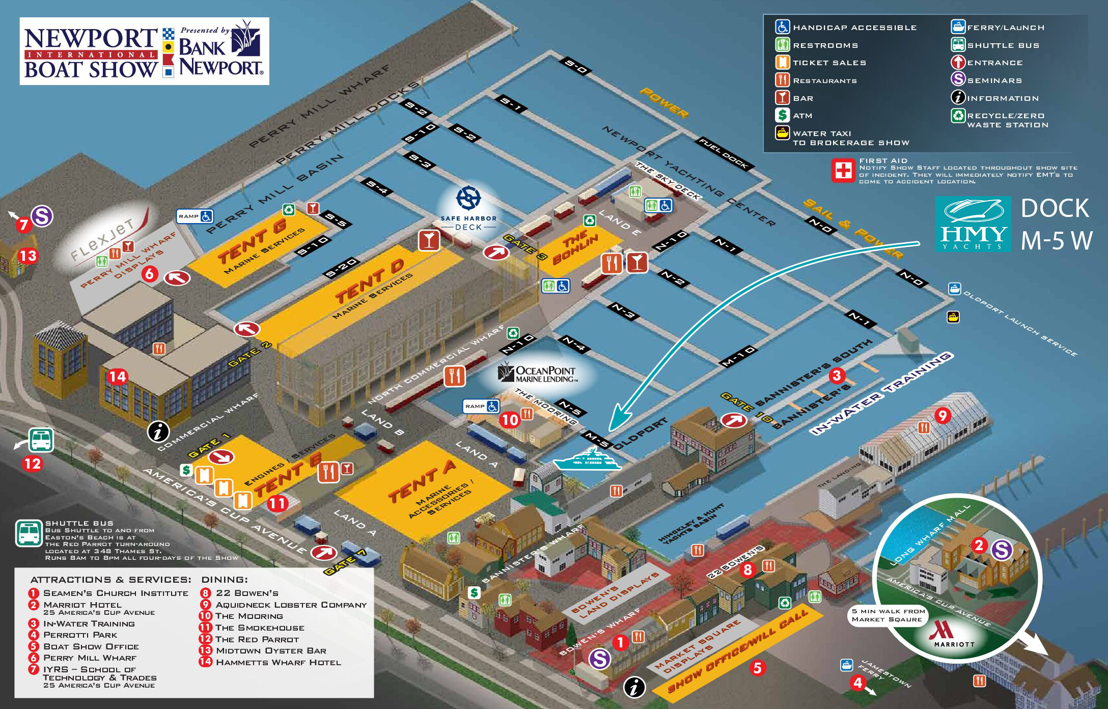 A map showing the Newport International Boat Show and where HMY is located.