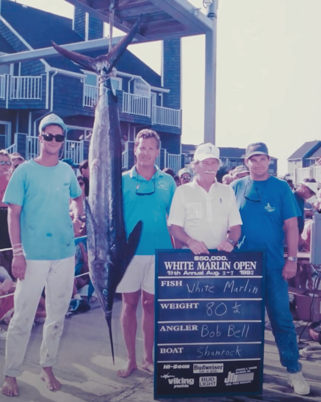 Anglers weighing a white marlin at Harborside Marina for the White Marlin Open in 1992. 