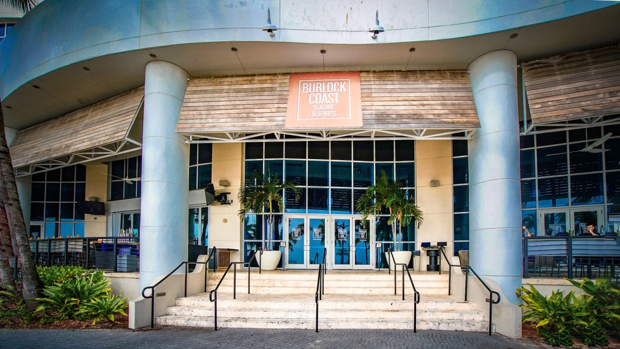 Front entrance of Burlock Coast, a seafood restaurant in Fort Lauderdale, Florida.